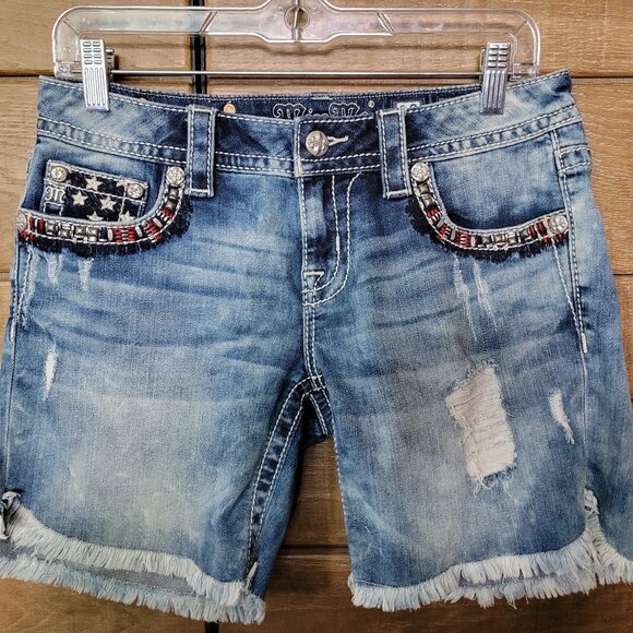 MISS ME LOW RISE SHORTS BEDAZZLED RHINESTONES AMERICAN FLAG SIZE 28 DISTRESSED - Picture 13 of 13